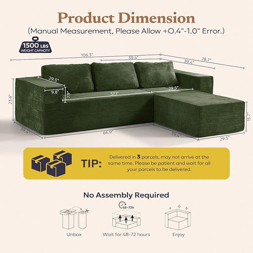 106" Modular Sectional Sofa with L-Shape Chaise, Right/Left Facing Deep Seat Cloud Couch, No Assembly Required, Upholstered Couch for Living Room Bedroom (Plush Corduroy Fabric, Green)
