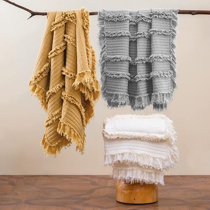 Ultra Soft Pre-Washed Quilted Boho Cream Queen Size Blankets for Bed, Ruffle Fringed Decorative Throw, Stone Washed Chic Rustic Blanket for Sofa Couch Bed, 90"*90"