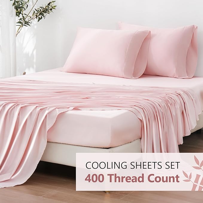 Linen World King Size 400TC Cooling Bed Sheet Set - 100% Organically Grown Viscose Sheets, Silky Soft & Breathable, Deep Pocket Fits Up to 16", 4-Piece Sheets with Pillowcases,Baby Pink