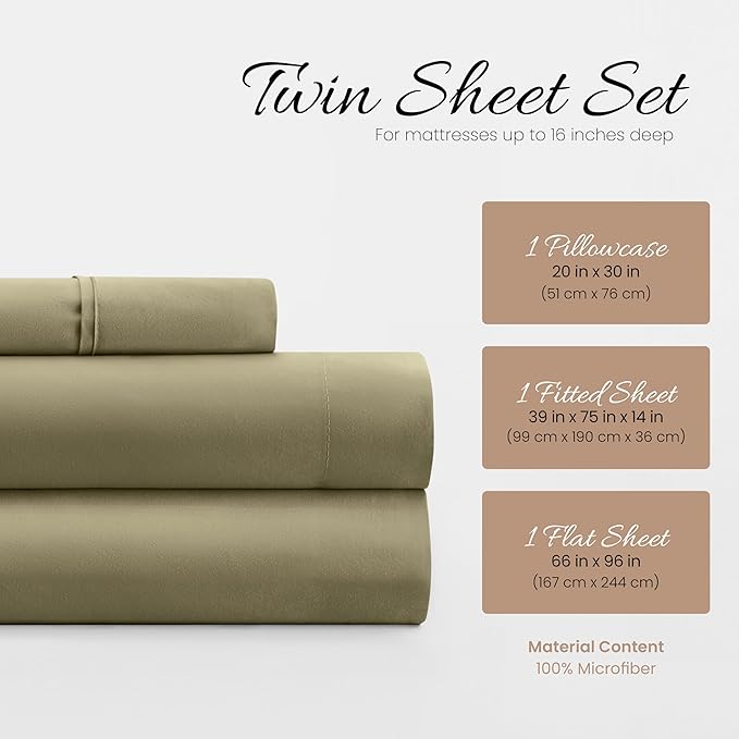 Linen Market Brushed Microfiber Twin Sheet Set 3 Piece – Oeko-TEX Certified Ultra Soft & Wrinkle-Free - 16" Deep Pocket Sheets - Easy Care Twin Size - Sage