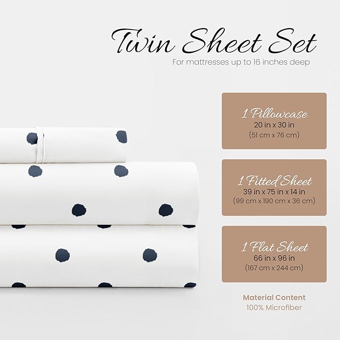 Linen Market Double-Brushed Patterned Microfiber Twin Sheet Set 3 Piece – Oeko-TEX Certified Ultra Soft & Wrinkle-Free - 16" Deep Pocket Sheets - Easy Care Twin Size - Dots Navy