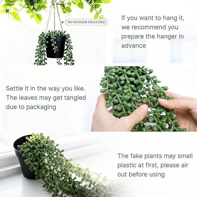 Artificial Hanging Plants for Shelf, 2-Pack Fake Potted Greenery Faux String of Pearls in Black Pot, Décor for Office Living Room Bathroom Indoor Outdoor