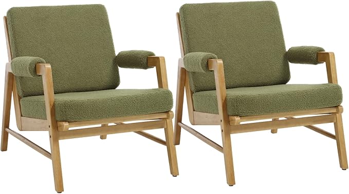 HEAH-YO Modern Accent Chair Set of 2, Upholstered Boucle Fabric Living Room Chair with Wooden Frame, Comfy Armchair with Thick Cushion for Bedroom Balcony, Green