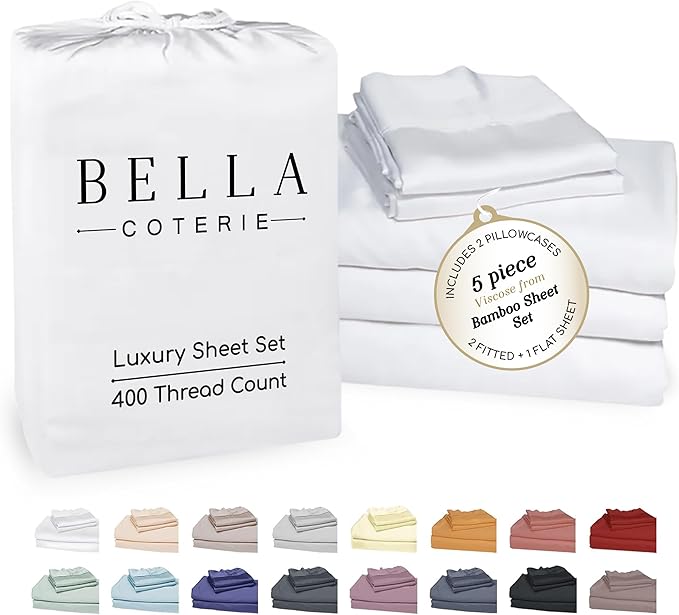 Bella Coterie Luxury Bamboo Viscose Split King Size Sheet Set | 2 Fitted Sheets for Sleep Number & Adjustable Beds | 100% Organically Grown | Cooling & Ultra Soft | 18” Deep Pocket [White]