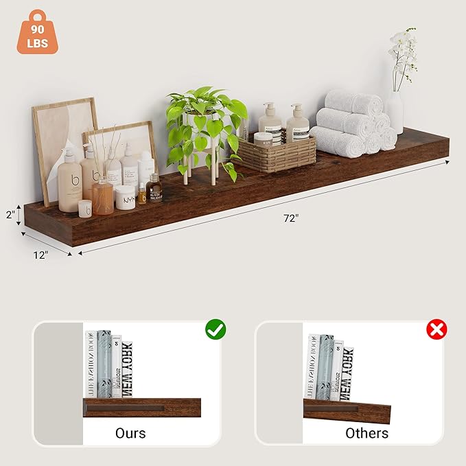 Heimlove 12 Inch Deep Floating Shelves, 72 x 12 inches Long Wall Shelf, Large Extra Display Shelf & Storage Shelf, Rustic Wood Wall Shelves for Fireplace Mantel, Rustic Brown - 1Pack