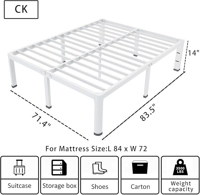 ROIL 14 Inch White California King Bed Frame with Rounded Corner and Headboard Hole Mattress Retainers, 3500LBS Heavy Duty Steel Slats No Box Spring Needed Platform Noise-Free Easy Assembly
