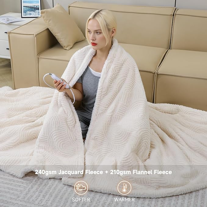 Heated Throw Blanket Electric - 50"x60" Cozy Soft Jacquard Heating Blanket with 4 Heat Levels & 4 Hours Auto-Off, Electric Throw with Overheating Protection, Warm Gifts, Cream