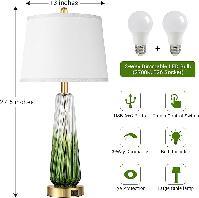 Glass Table Lamps Set of 2, Modern Bedside Lamps for Bedrooms with USB A+C Ports, 3-Way Dimmable Touch Control Nightstand Lamp with White Linen Shade, 27.5" Large Lamps for Living Room Decor, Green