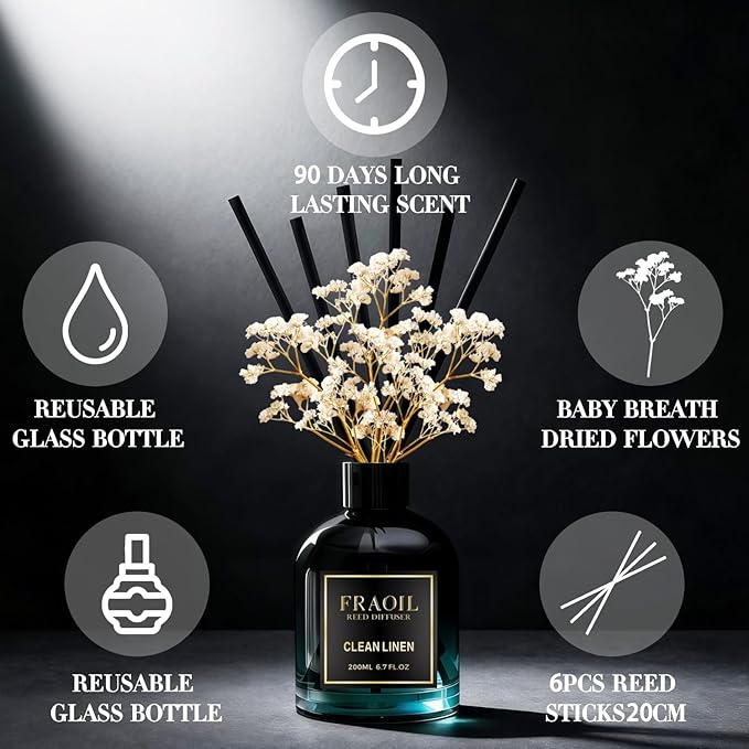 Clean Linen Reed Diffuser, Reed Diffuser Set 6.7 fl oz (200 ml) with 6 Reed Sticks, Home Fragrance Reed Diffuser for Bathroom Shelf House Bedroom Office Decor