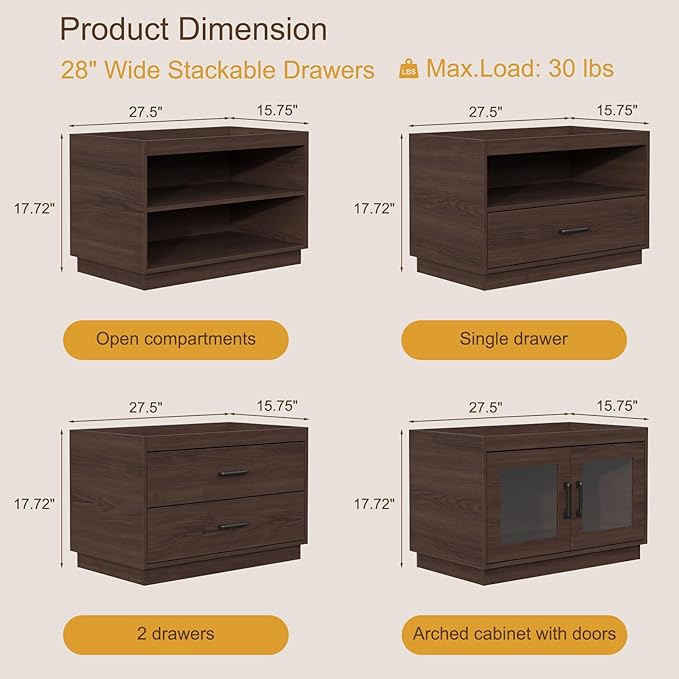 Stackable Storage Drawers,28" Wide Storage Bins w/ Drawers and Compartment for Closet Organizers, Wood Stackable Closet Organizer Modern Large Stackable Storages Units for Living Room Hallway, Brown