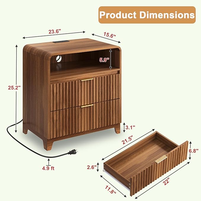 3 Pcs Dresser Closet Bedroom Set, 6 Drawer Fluted Dresser and Nightstand Set of 2 with Charging Station, Modern Bedside Table Chest of Drawers Storage Cabinet Set for Bedroom, Living Room, Walnut