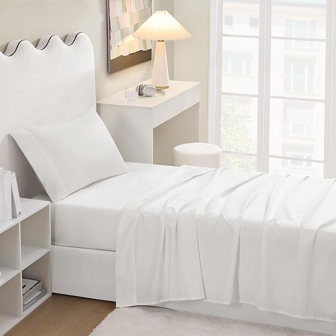 UGG Twin XL Sheet Set 3-Piece Luxury Cooling Sheets Deep Pockets Premium Bedding with 1 Pillow Sham Machine Washable, for Dorm Essentials & College Bedding, Twin XL, White (Hedi)