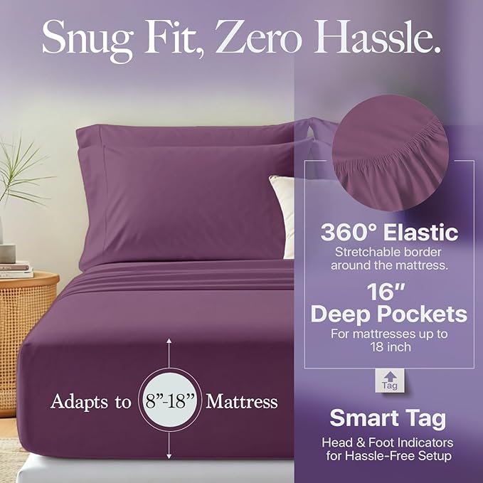 Carressa Linen 100% Egyptian Cotton Twin Sheets Set - 600 Thread Count Egyptian Cotton Luxury Twin Sheets (3 PC, Plum Purple), 16" Deep Pocket, Soft, Cooling, Sateen Weave College Dorm Room Bedding