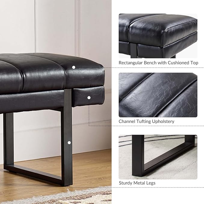 HULALA HOME 53" Faux Leather Entryway Bench, Button Tufted End of Bed Bench Ottoman for Bedroom, Living Room with Metal Base,Black