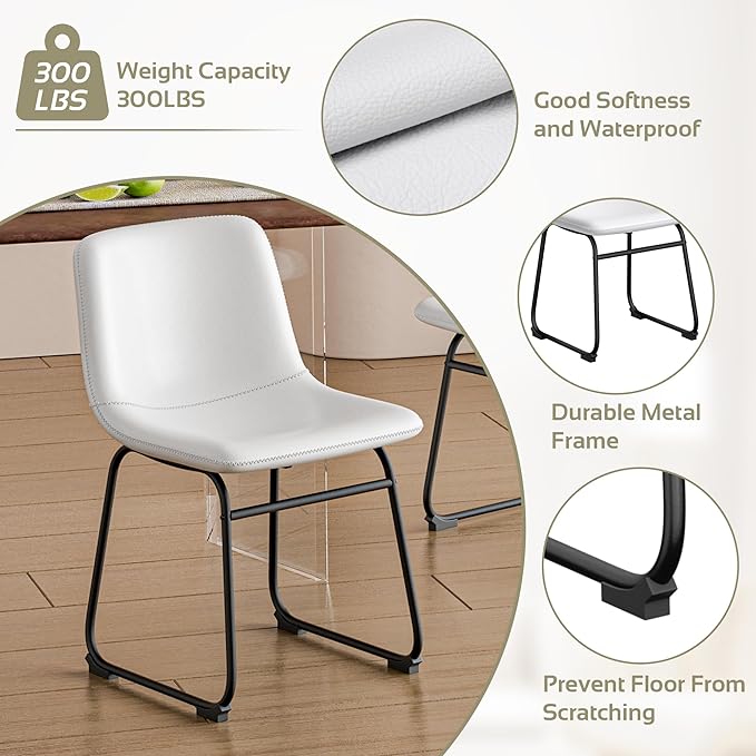 Dining Chairs Set of 6, 18 Inch Modern Armless Dining Chair with Back, Faux Leather Kitchen Dining Room Chair with Metal Legs for Home, Bistro Coffee Shops (White)