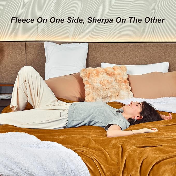 KAWAHOME Sherpa Fleece Queen Size Blanket for Bed - Extra Warm and Heavy Thick Blankets for Winter, Super Soft 500GSM Plush Blanket, 90"X 90" Ginger Yellow