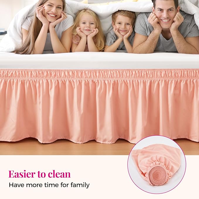 RIMELA Peachy Coral Bed Skirt Queen Size 18 Inch Drop, Wrap Around Elastic Bedskirt, Dust Ruffle for Adjustable Bed Base Machine Washable Easy to Install Bed Skirts