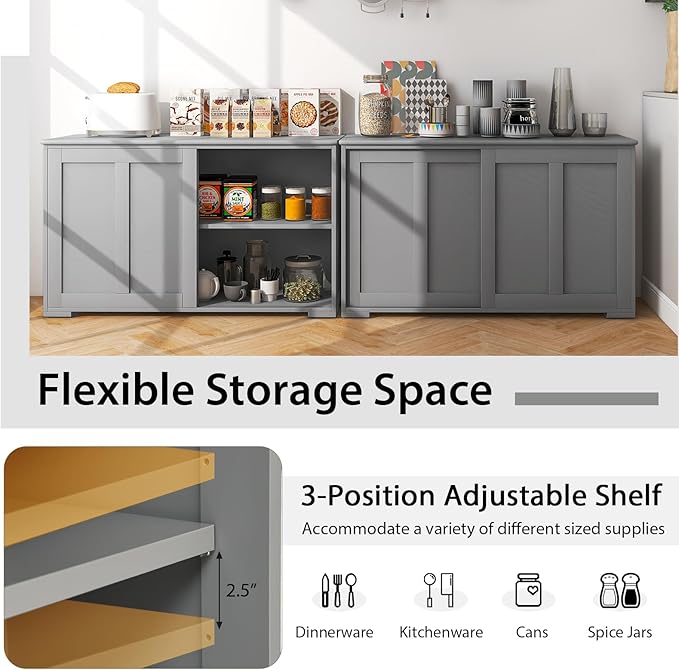 Costzon Sideboard Buffet Cabinet of 2, Wooden Kitchen Storage Cabinet with Adjustable Shelf, Sliding Barn Door, Accent Coffee Bar Cabinet Console Table for Living Room, Dining Room, Hallway (Grey)