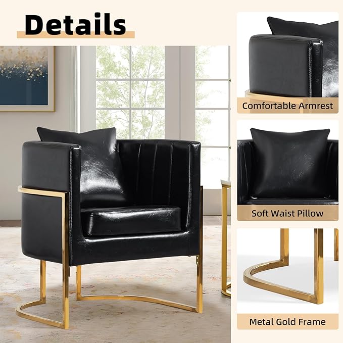 Modern Leather Accent Chairs Set of 2, Mid Century Upholstered Barrel Armchair with Pillow for Living Room, Comfy Single Vanity Chair with Metal Gold Legs for Bedroom, Black