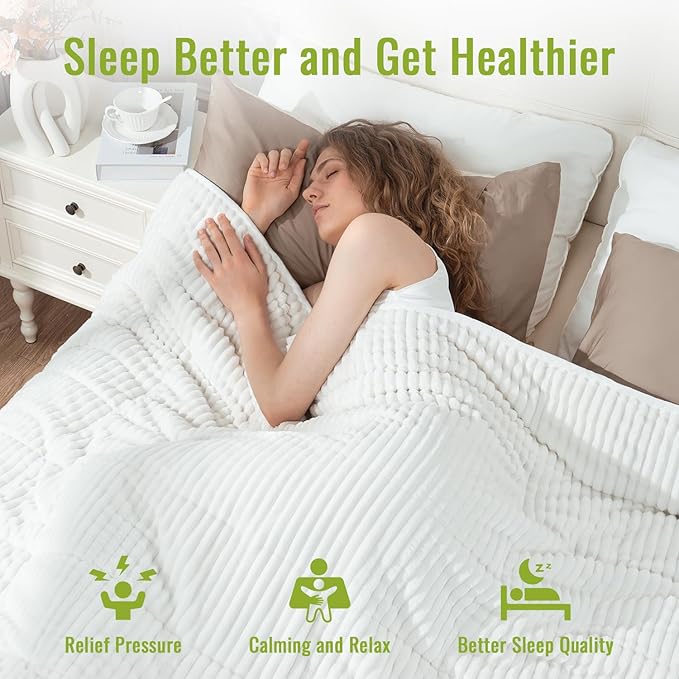 Uttermara Weighted Blanket for Adults Twin Size 15lbs, Striped Ribbed Fuzzy Heavy Blanket, Dual-Sided Ultra Cozy Sherpa & Super Soft Flannel for Sleep, 48x72 Inches, White