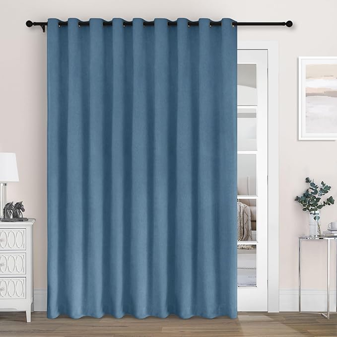 Macochico Extra Wide 100% Blackout Chenille Curtains 100" Wx96 L Thermal Drapes for Sliding Door Living Room Bedroom Auditorium Hotel Ashtray Blue Curtains Grommet Top with Tieback Classic 1 Panel