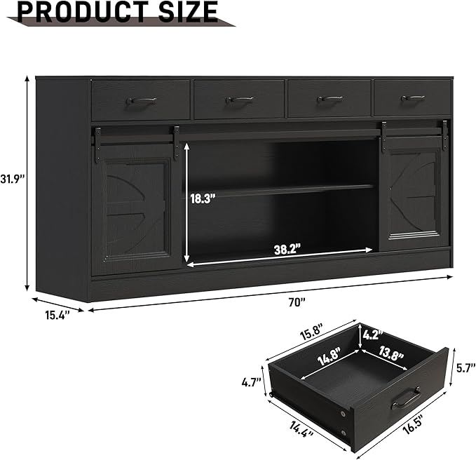 70” Large Long Buffet Sideboard Cabinet w/4 Drawer,Farmhouse Buffet Storage Cabinet,Sliding Door,Buffet Coffee Bar Cabinet, Credenza for Living Room,Black