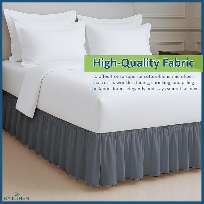 Rajlinen Ruffled Bed Skirt Full, 8 Inch Drop Dust Ruffle with Split Corners, 100% Microfiber Bedskirt with Platform, Three-Sided Coverage Ruffled Gathering Design, Dark Grey
