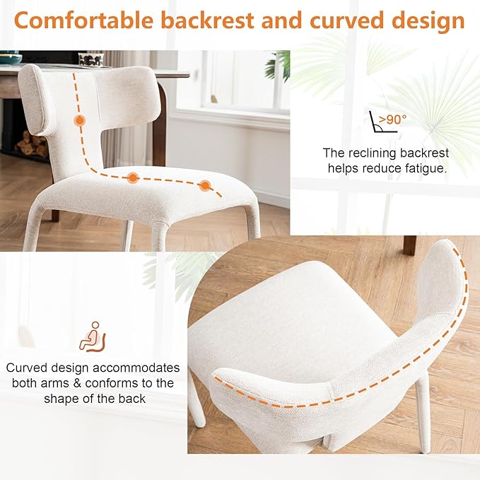 Kidol & Shellder Dining Chairs Set of 2,Modern Upholstered Fabric Dining Room Chairs with Curved Barrel Back,Armless Kitchen Chairs with Metal Legs and Padded Seat for Living Room and Bedroom Beige