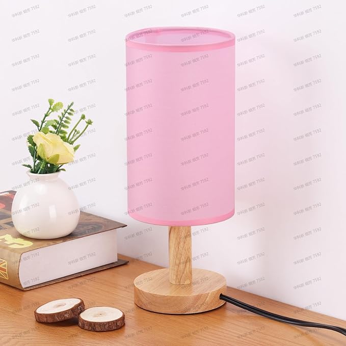 Pink Small Bedside Table Lamp for Bedroom,Natural Round Wood Base&Fabric Linen Shade,Cozy Night Table Light for Study Reading,Minimalist Boho Desk Lamp for Nightstand,Living Room,Nursery,Kitchen,Dorm