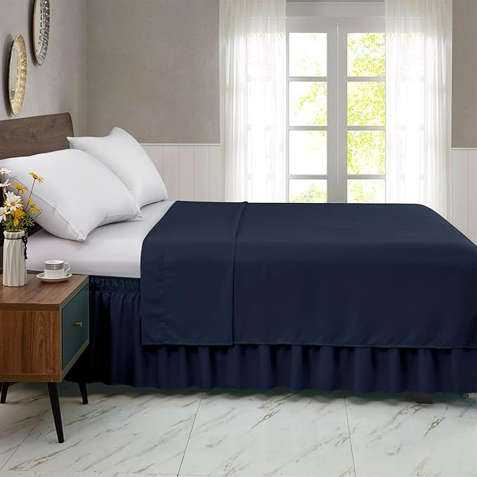 FreshCulture Queen Bed Skirt, Elastic Wrap Around Bed Skirt Queen Size, Bed Skirts for Adjustable Bed, Easy Fit with 18 Inch Drop Length, Hotel Quality Dust Ruffle for Queen Bed (Navy Blue)