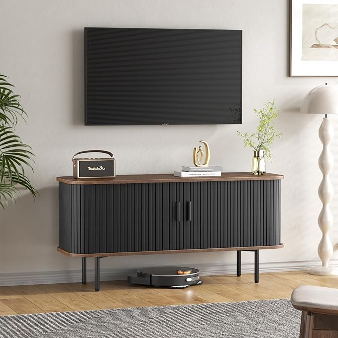 47''W Black Cabinet with Storage, Media Console, Tambour TV Stand, Television Stands with Curvy Edge; Sliding Door, Fluted Cabinet, Buffet Sideboard, Credenza, Table Stand for Living Room, Kitchen