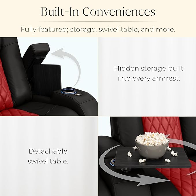 Seatcraft Diamante Zero-Gravity CoolZero Italian Leather Home Theater Seating, Power Headrest, Power Recline, Row of 5 Sofa, Black/Red