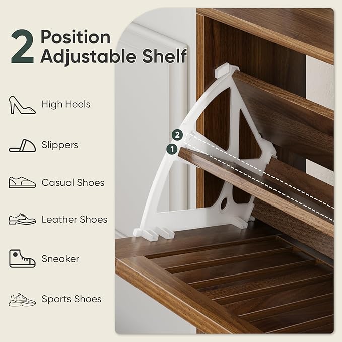 Upgraded 62.99“ Tall Shoe Cabinet with Rack and 7 Hooks, Flip-Down Slatted Drawer Shoe Storage & Coat Rack, Narrow Entryway Shoe Organizer, Walnut