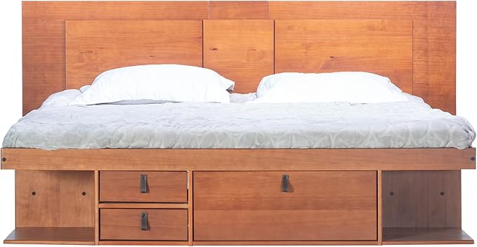 memomad Bali Slim Set: Storage Platform Bed with Drawers + Flat Panel Headboard (King Size, Caramel Brown Wood)