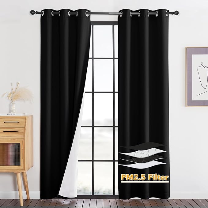 RYB HOME PM 2.5 Filter Curtains for Living Room/Bedroom, Soundproof Blackout Large Window Curtains for Dust Sandstorms Smog Pollen Odor Filtering, Black, W42 x L84 inch, 2 Panels