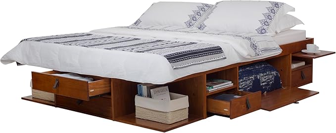 memomad Bali Slim Set: Storage Platform Bed with Drawers + Flat Panel Headboard (Queen Size, Caramel Brown Wood)