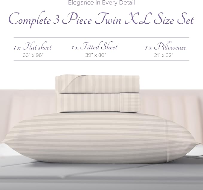 Carressa Linen Striped Egyptian Cotton Sheets Twin XL Size - 600 Thread Count 3 PC Damask Twin XL Sheets Deep Pockets, Sateen Weave College Dorm Bedding Twin XL, Fits Mattress Upto 18" - Ivory