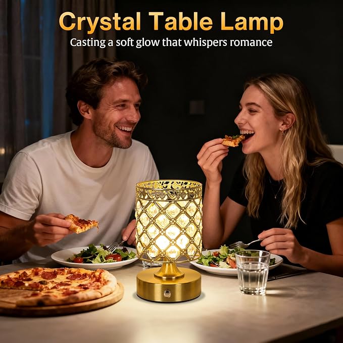TOBUSA Gold Rechargeable Cordless Table Lamp, 6000mAh Crystal Battery Operated Lamp with 3 Color Temps & Stepless Dimming, Portable Bedside Touch Small Desk Lamp, Vintage Wireless LED Night Light