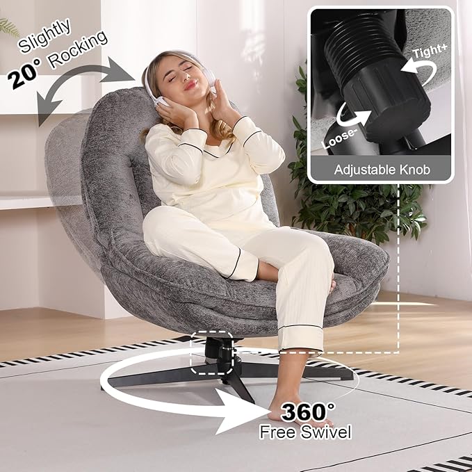 360°Free Swivel Accent Chair Set of 2 for Living Room, Slightly 20°Rocking, 24" High Backrest Upholstered Armchair, Ergonomic Design, Chenille Breathable Soft Fabric Modern Single Sofa, Gray