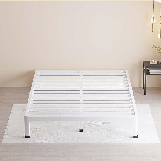 MAF 7 Inch Full Size Metal Platform Bed Frame White with Round Corner Legs, Mattress Slide Stopper, 3000 LBS Heavy Duty Steel Slats Support, Noise Free, No Box Spring Needed, Easy Assembly