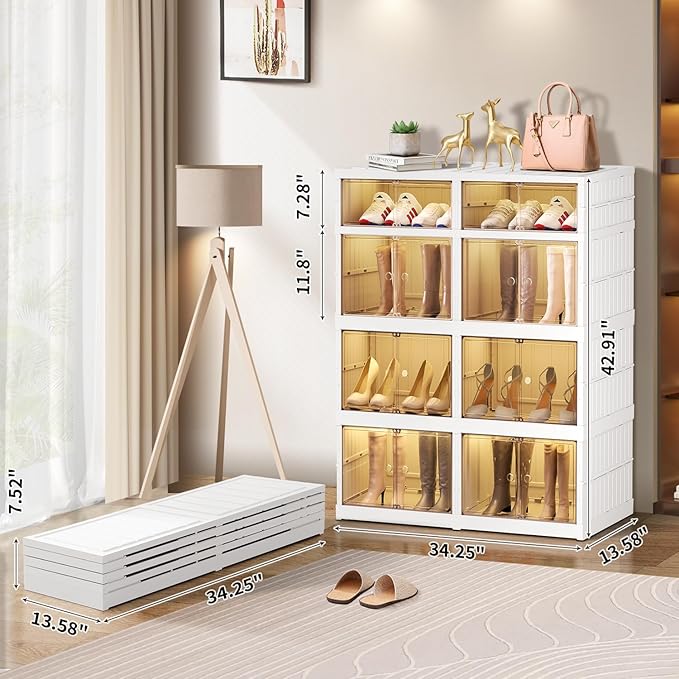 4-Tier Foldable Shoe Rack Organizer for Closet 16Pairs Plastic Collapsible Shoes Storage Box Clear Shoe Boxes Stackable with Door Easy Assembly Shoe Cabinet Bins with Lids Large