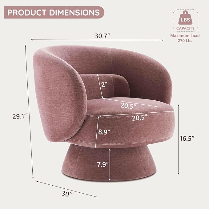 Swivel Accent Chair, Modern 360 Degree Swivel Barrel Chair with Arms & Curved Back and Lumbar Support Cushion, Comfy Round Single Sofa for Small Space, Living Room, Bedroom, Old Rosa Rayon