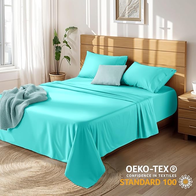 LBRO2M 100% Cotton Sheets Set Deep Pocket 19", 1000 Thread Count Full Size 4 Piece Bed Sheet Sets Soft Comfortable Bedding All Season (Full, Lake Green)