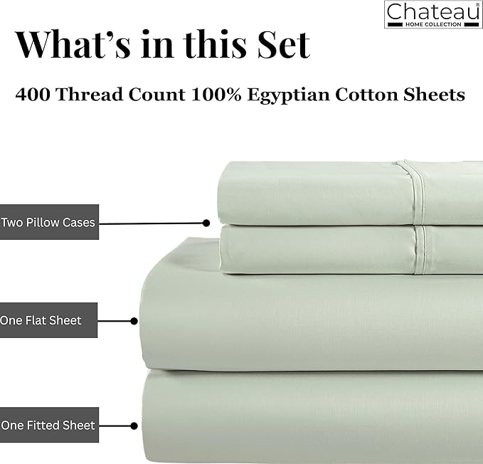 100% Cotton 400 Thread Count King Size Sheets Set, 15" Deep Pocket King Sheets & Pillowcases, 4 Piece Soft Breathable Naturally Cooling Luxury Bedding, Machine Washable- Mineral