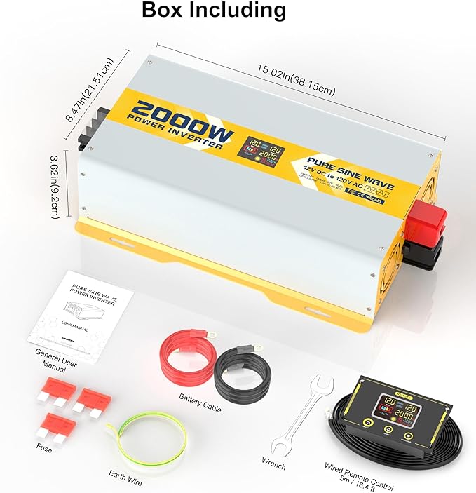 XWJNE 2000W Pure Sine Wave Power Inverter 12V DC to 120V GFCI AC Converter with LCD Display and Remote for Home, RV, Truck, Off-Grid Solar Power
