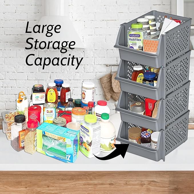 TidyFriend Plastic Stackable Storage Bins for Pantry, 4 Pack Stackable Bins For Organizing Food, Kitchen, and Bathroom Essentials (Grey)