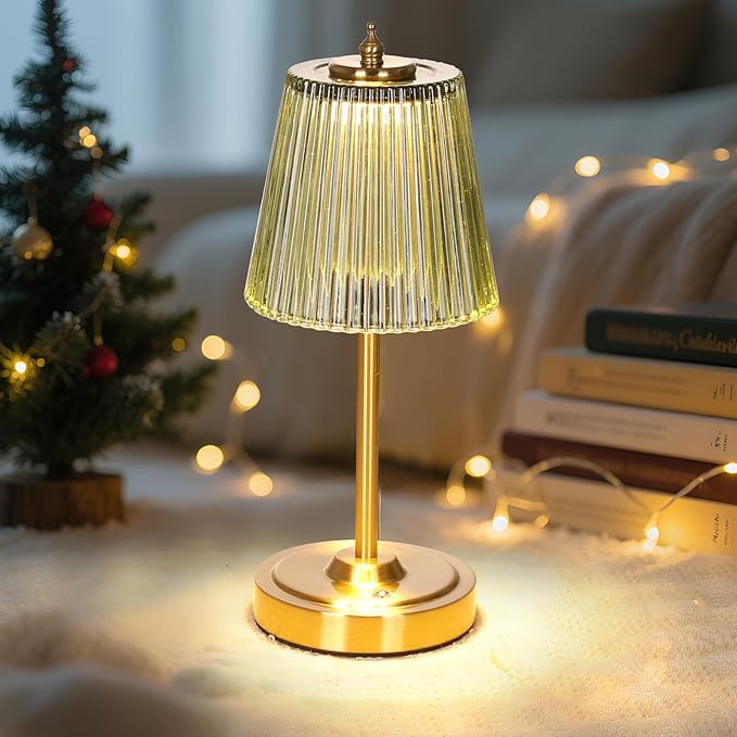 Small Table Lamp with 5200mAh Battery & Touch Control - 3 Adjustable Color Temperatures, Dimmable Rechargeable Table Lamps for Living Room, Bedroom, Bedside (Green Stripe)