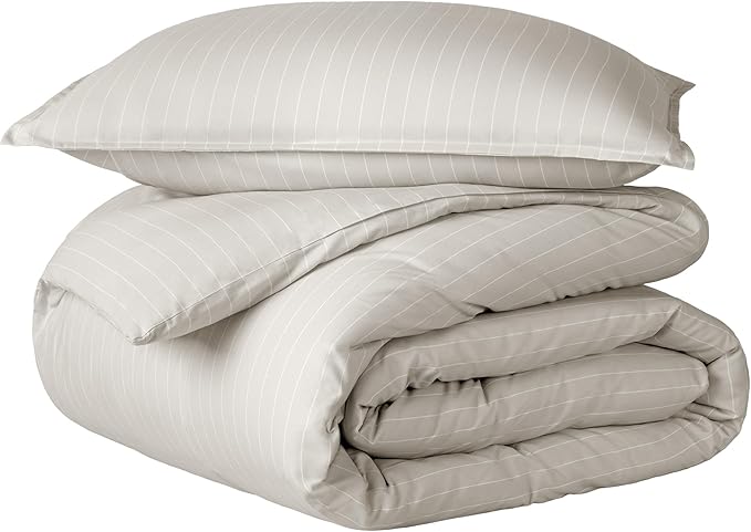 Bare Home Bedding Duvet Cover Extra Long Size - Premium 1800 Super Soft Collection - Lightweight, Cooling - Soft Textured (Twin/Twin XL, Pinstripe - Stone/White)