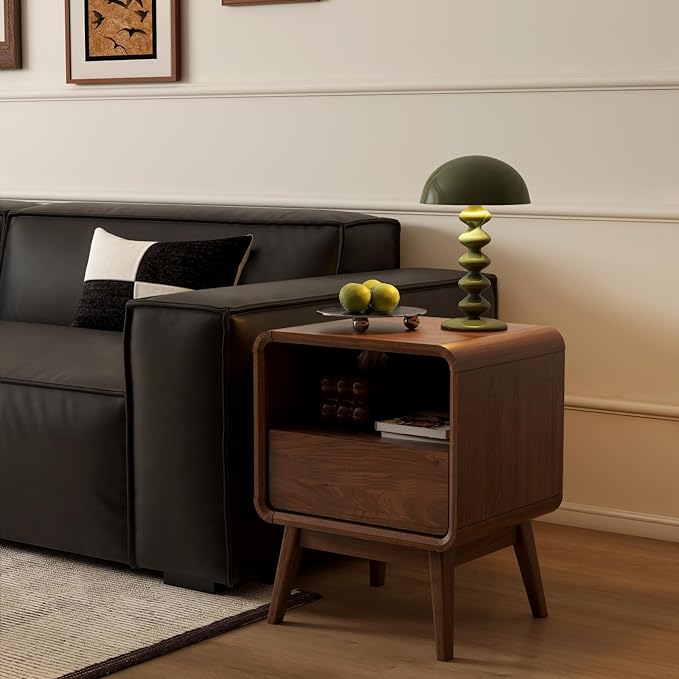 100% Solid Wood Nightstand, Walnut Night Stand with Drawer and Open Shelf, Mid Century Nightstand, Wooden Nightstands, Small Nightstands for Small Spaces Bedroom(Dark Black Walnut, 20.47" H)