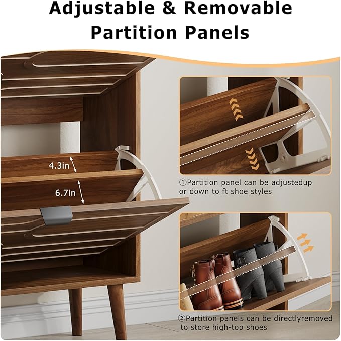 Vibe & Dine Modern Shoe Cabinet with 2 Flip Drawers, Shoe Storage Organizer for Entryway Slim, Freestanding Wood Shoe Rack Cabinet for Hallway, Bedroom, Living Room, Walnut